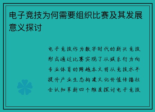 电子竞技为何需要组织比赛及其发展意义探讨