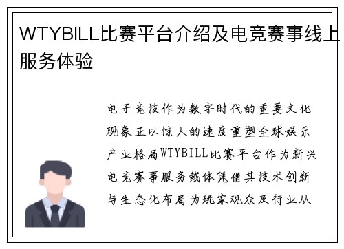 WTYBILL比赛平台介绍及电竞赛事线上服务体验